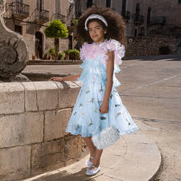 Junona-Girls Blue Tulle & Plissé Ruffle Dress | Childrensalon Outlet