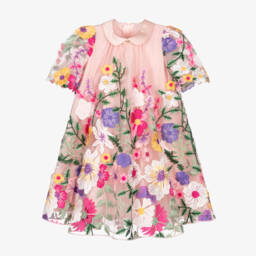 Junona-Girls Elegant Pink Flower Tulle Gown | Childrensalon Outlet