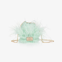 Junona-Girls Green Tulle & Feather Bag (12cm) | Childrensalon Outlet