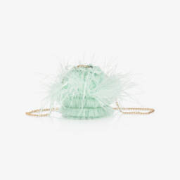 Junona-Girls Green Tulle & Feather Bag (12cm) | Childrensalon Outlet