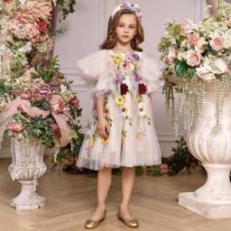 Junona-Girls Ivory Floral Tulle Gown | Childrensalon Outlet