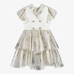 Junona-Girls Ivory & Gold Satin Dress | Childrensalon Outlet