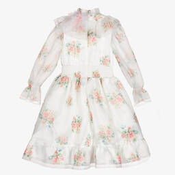 Junona-فستان ساتان وأورغانزا لون عاجي بطبعة ورود | Childrensalon Outlet