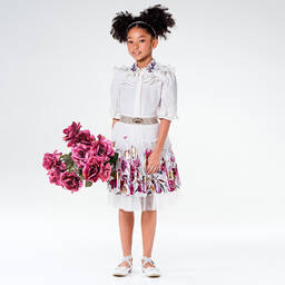 Junona-Girls Metallic Pink Floral Tulle Skirt | Childrensalon Outlet