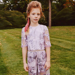 جونونا-بلوز تول وساتان مطرز بورود لون بنفسجي للبنات | Childrensalon Outlet