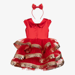 جونونا-فستان ساتان و تول لون أحمر و ذهبي - قطعتين | Childrensalon Outlet