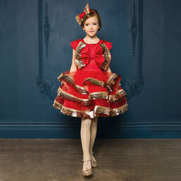 جونونا-فستان ساتان و تول لون أحمر و ذهبي - قطعتين | Childrensalon Outlet