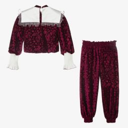 جونونا-طقم بنطلون مخمل لون أحمر بطبعة ورود للبنات | Childrensalon Outlet