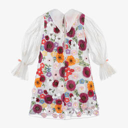 Junona-فستان تول مطرز بورود ومزين بديامنت لون أبيض | Childrensalon Outlet