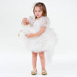 Junona-Girls White & Gold Floral Organza Dress | Childrensalon Outlet
