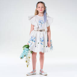 Junona-تنورة ساتان لون أبيض بطبعة ورود | Childrensalon Outlet