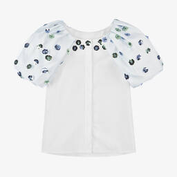 جونونا-بلوزة قطن لون أبيض مزينة بورود ترتر للبنات | Childrensalon Outlet