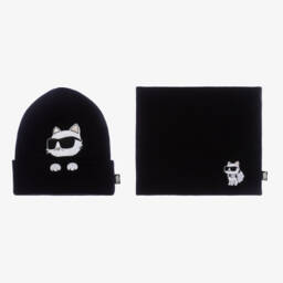 KARL LAGERFELD KIDS-Girls Black Cotton Hat & Snood Duo | Childrensalon Outlet