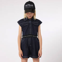 KARL LAGERFELD KIDS-Girls Dark Blue Denim Playsuit | Childrensalon Outlet