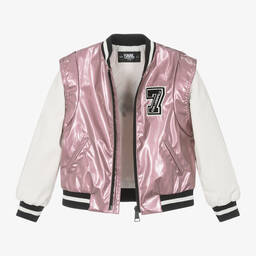 KARL LAGERFELD KIDS-Girls Metallic Pink Varsity Jacket | Childrensalon Outlet