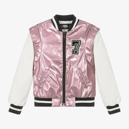 KARL LAGERFELD KIDS-Girls Metallic Pink Varsity Jacket | Childrensalon Outlet