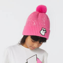 KARL LAGERFELD KIDS-Girls Pink Pom Knitted Beanie | Childrensalon Outlet