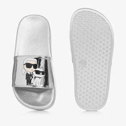 KARL LAGERFELD KIDS-Girls Silver Karl & Choupette Sliders | Childrensalon Outlet