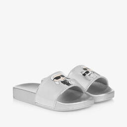 KARL LAGERFELD KIDS-Girls Silver Karl & Choupette Sliders | Childrensalon Outlet