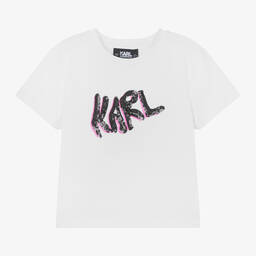 KARL LAGERFELD KIDS-تيشيرت مزيج قطن عضوي ومودال لون أبيض للبنات | Childrensalon Outlet