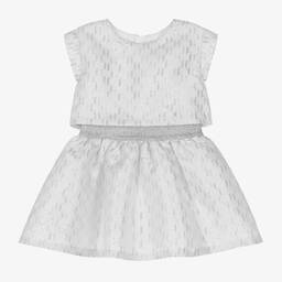 KARL LAGERFELD KIDS-Girls White & Silver Monogram Satin Dress | Childrensalon Outlet