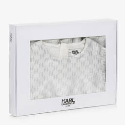 KARL LAGERFELD KIDS-Girls White & Silver Monogram Satin Dress | Childrensalon Outlet