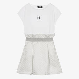 KARL LAGERFELD KIDS-Teen Girls White Cotton & Jacquard Dress | Childrensalon Outlet