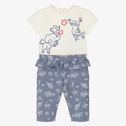 KENZO KIDS-طقم بنطلون قطن جيرسي لون عاجي وأزرق للمولودات | Childrensalon Outlet