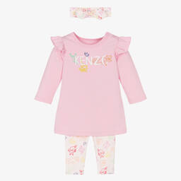 KENZO KIDS-طقم فستان أطفال بناتي قطن جيرسي لون زهري | Childrensalon Outlet