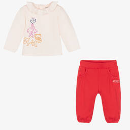 KENZO KIDS-طقم بنطلون قطن جيرسي لون زهري وأحمر للمولودات | Childrensalon Outlet