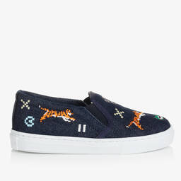 KENZO KIDS-Blue Embroidered Denim Slip-On Trainers | Childrensalon Outlet