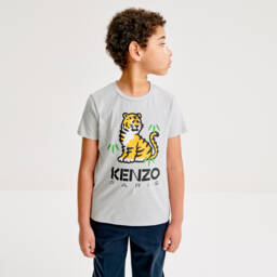 KENZO KIDS-Boys Grey Tiger Print T-Shirt | Childrensalon Outlet