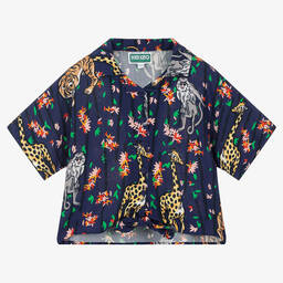 KENZO KIDS-Girls Navy Blue Viscose Cropped Shirt | Childrensalon Outlet