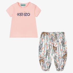 كينزو كيدز-طقم بنطلون قطن جيرسي لون زهري وأبيض للبنات | Childrensalon Outlet
