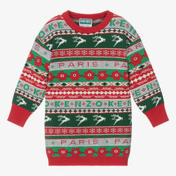 KENZO KIDS-فستان مزيج قطن محبوك لون أحمر وأخضر | Childrensalon Outlet