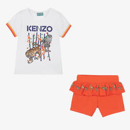 كينزو كيدز-طقم شورت قطن لون أبيض وبرتقالي للبنات | Childrensalon Outlet