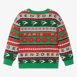 KENZO KIDS-Красно-зеленый вязаный джемпер в новогоднем стиле | Childrensalon Outlet