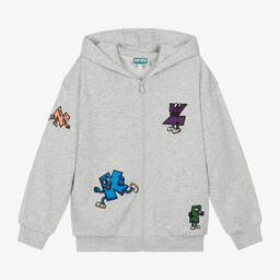 KENZO KIDS-توب هودي بسحّاب قطن جيرسي لون رمادي للمراهقين | Childrensalon Outlet