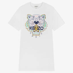 KENZO KIDS-Белое хлопковое платье с тигром | Childrensalon Outlet
