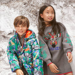 KENZO KIDS-Teen Grey Knitted Giraffe Dress | Childrensalon Outlet