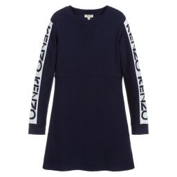 KENZO KIDS-فستان مزيج صوف محبوك لون كحلي وأبيض للمراهقات | Childrensalon Outlet