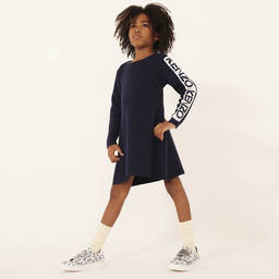 KENZO KIDS-فستان مزيج صوف محبوك لون كحلي وأبيض للمراهقات | Childrensalon Outlet