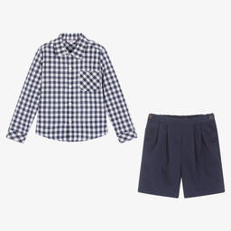 Kidiwi-Boys Blue Gingham Cotton Shorts Set | Childrensalon Outlet