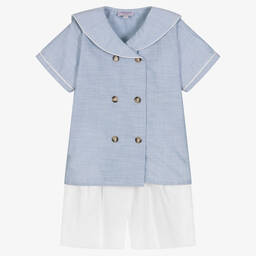 Kidiwi-Boys Blue & White Cotton Shorts Set | Childrensalon Outlet