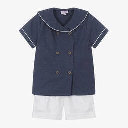 Kidiwi-Boys Blue & White Cotton Shorts Set | Childrensalon Outlet