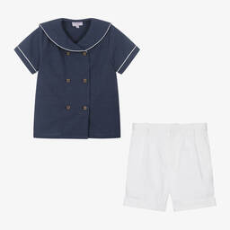 Kidiwi-Boys Blue & White Cotton Shorts Set | Childrensalon Outlet
