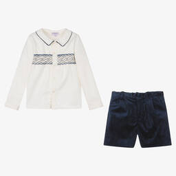 Kidiwi-Boys Ivory & Navy Blue Velvet Shorts Set | Childrensalon Outlet