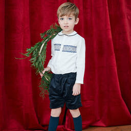 Kidiwi-Boys Ivory & Navy Blue Velvet Shorts Set | Childrensalon Outlet