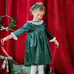 Kidiwi-Girls Green Velvet Smocked Collar Dress | Childrensalon Outlet