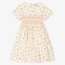Kidiwi-Girls Ivory & Orange Floral Smocked Dress | Childrensalon Outlet